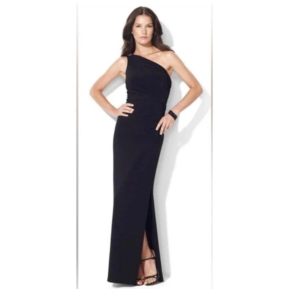 NWT Ralph Lauren One-Shoulder Black Gown Formal Crystal Brooch Size 8 RX10351 - Picture 1 of 14